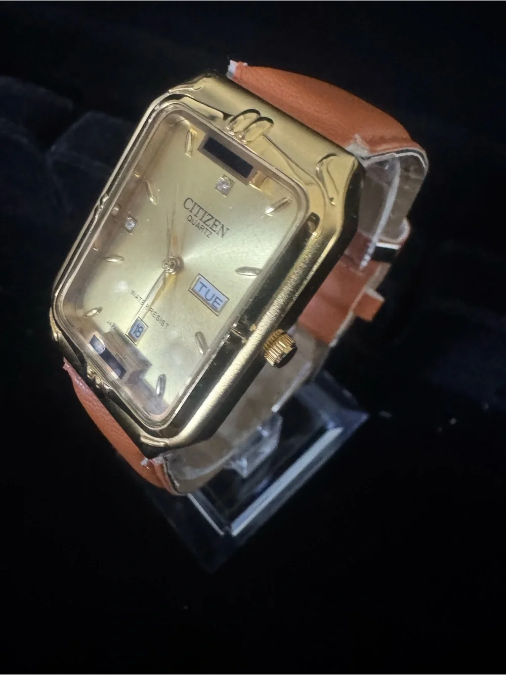 Citizen Gold-Tone Rectangular Watch with Tan Strap